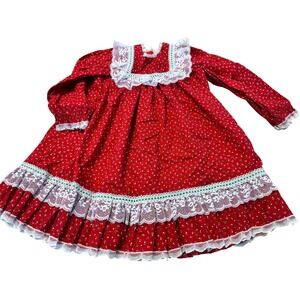 Vintage Girls Red Floral Dress Lace Prairiecore Cottagecore‎ Party Dress Size 4